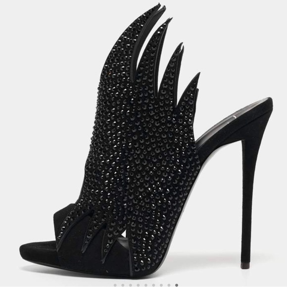 Giuseppe Zanotti Black Crystal Embellished Suede Open Toe Mules Size 38 - Picture 1 of 8